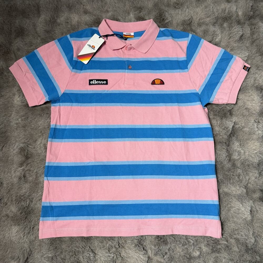 Ellesse Heritage Marono Pique Pink Striped Short Sleeve Polo Shirt Size XXL